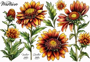 Indian blanket flower with the name Valor in the stem tattoo idea