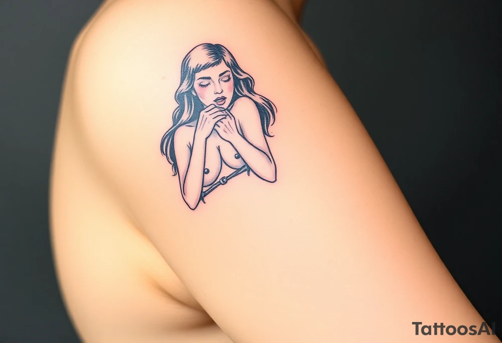 Naked woman in hog tie, looking scared tattoo idea