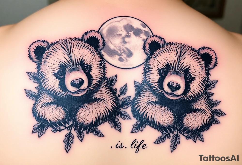 Tattoo, two realsistic baby brown bears, moon, colored carnations and vines, 9-28-14, "Bear is life" tattoo idea