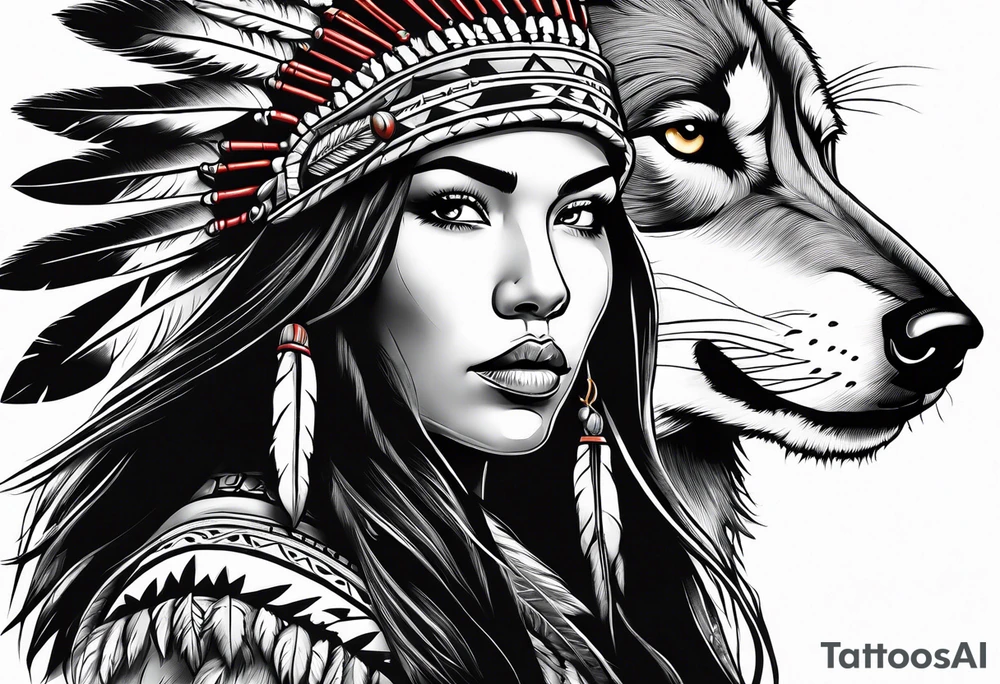 Female Native American warrior with wolf head hat tattoo idea Female Native American warrior with wolf head hat tattoo idea