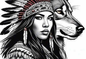 Female Native American warrior with wolf head hat tattoo idea