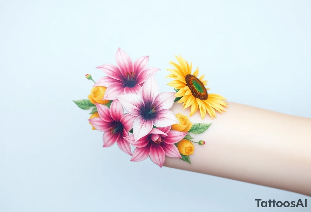 Sunflowers and stargazer lillies in pink and white in a dainty wildflower bouquet tattoo idea