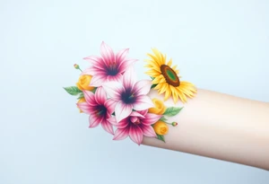Sunflowers and stargazer lillies in pink and white in a dainty wildflower bouquet tattoo idea