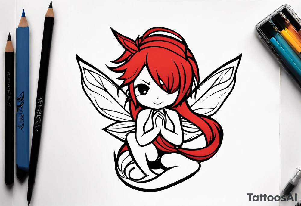 A fairy with a tail inspired by the logo of the show called Fairy Tail in a fetal position leaning in tattoo idea