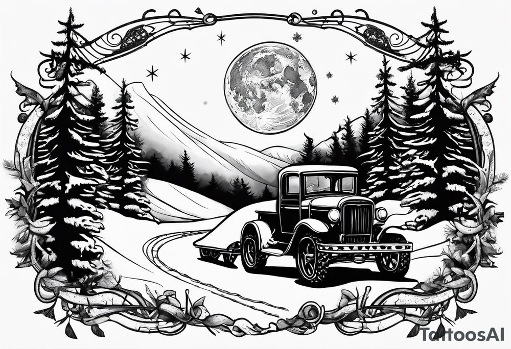 Snowmachine and snowshoes and a moon above tattoo idea