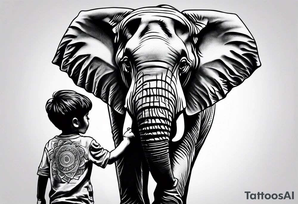 A very detailed elephant facing forward with a boy holding onto the trunk tattoo idea