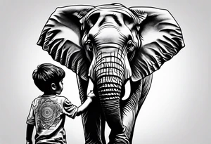 A very detailed elephant facing forward with a boy holding onto the trunk tattoo idea