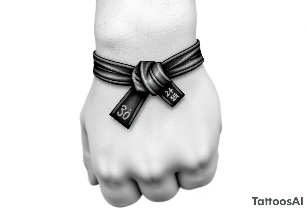 A realistic black and gray tattoo of a Brazilian Jiu-Jitsu black belt wrapping around the wrist like a bracelet. The belt is tied in a knot with one end showing the number 30 and the other showing 24. On the flat end of the belt, two Japanese kanji characters are inked in white: 成長 (growth) and 忍耐 (perseverance). The belt has subtle stitch marks and worn, textured shading for a slightly distressed, authentic look. The style is clean, symbolic, and bold, designed to wrap naturally around the wrist like a wristband.” tattoo idea