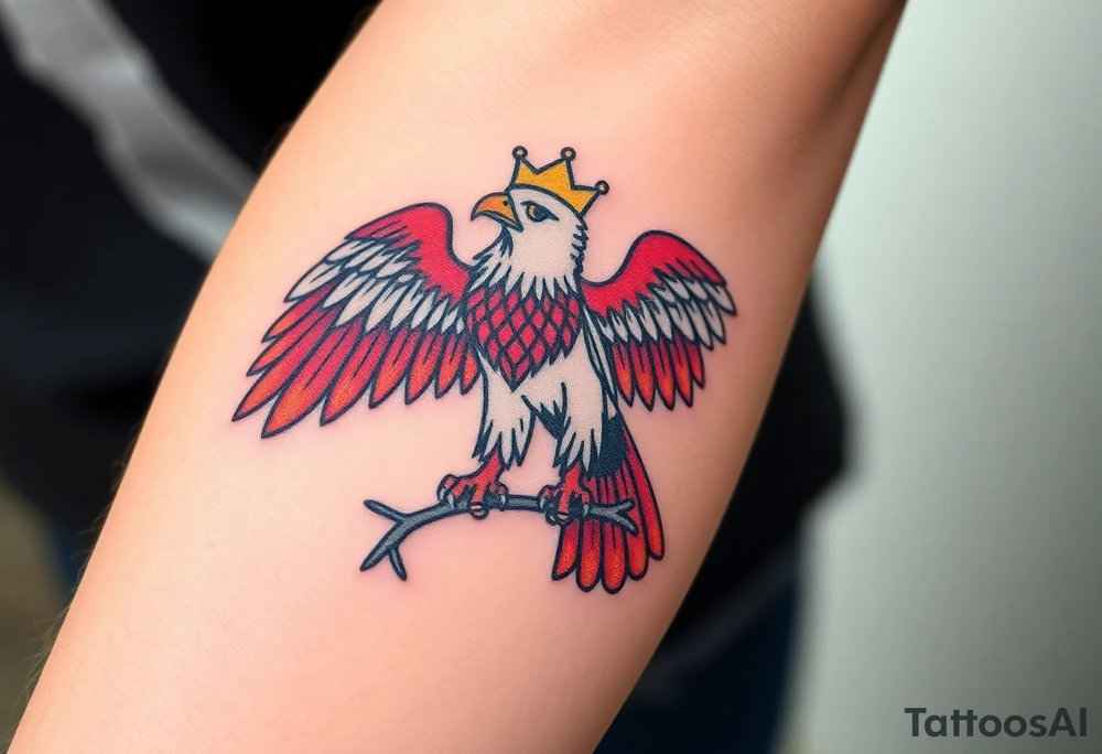 A majestic red and white Moravian eagle with golden crown on its head perched on a branch, its wings spread wide tattoo idea