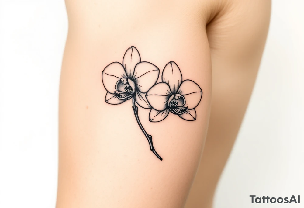 A delicate, black and white fine-line tattoo for make, featuring a gracefully detailed orchid stem with two flowers in full bloom, with soft, intricate petals and elegant curves tattoo idea