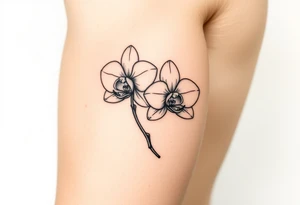 A delicate, black and white fine-line tattoo for make, featuring a gracefully detailed orchid stem with two flowers in full bloom, with soft, intricate petals and elegant curves tattoo idea