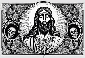 Jesus crying 3 reads one small one medium and one large in the large tear there is the god of death and all around the 3 year drops there is skeletons and dead people tattoo idea