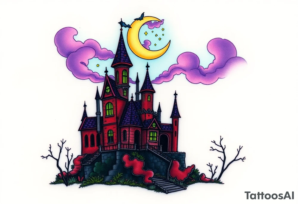 Tim Burton’s disney sleeping beauty’s haunted castle is abandoned and dripping with muted reds, dusty pinks, and eerie green glow.purple and cyan smokey clouds swirl in the crescent moonlit sky thats sprinkled with stars tattoo idea tattoo idea