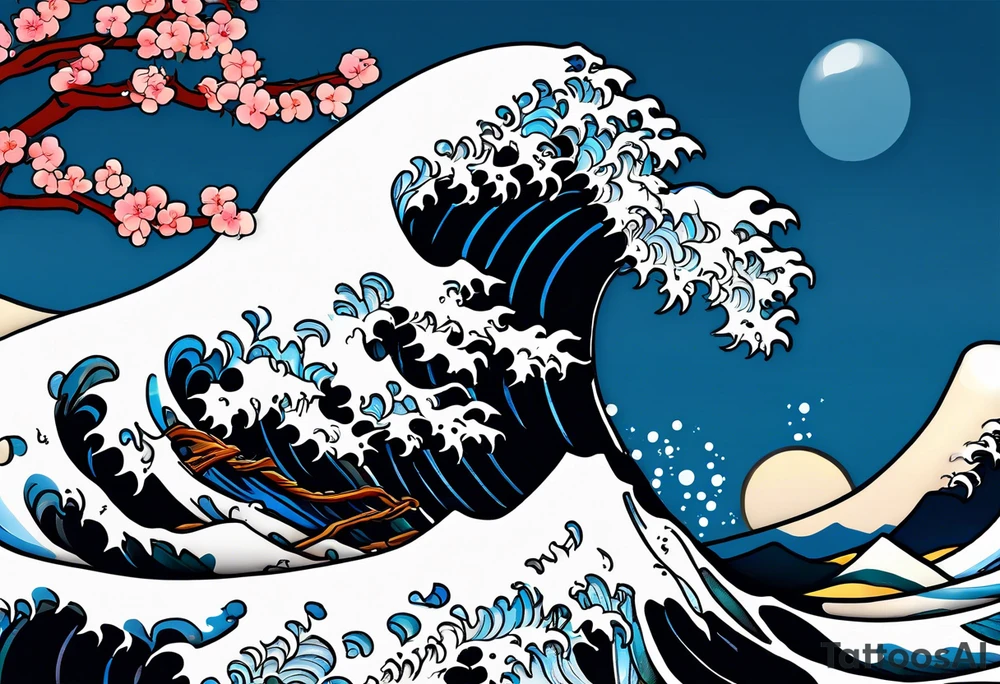 Hokusai great wave, inside two black lines, with some cherry trees. Tattoo for a man' s wrist tattoo idea