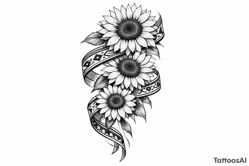 3 cascading Sunflowers wrapped in an Native American Indian ribbon tattoo idea