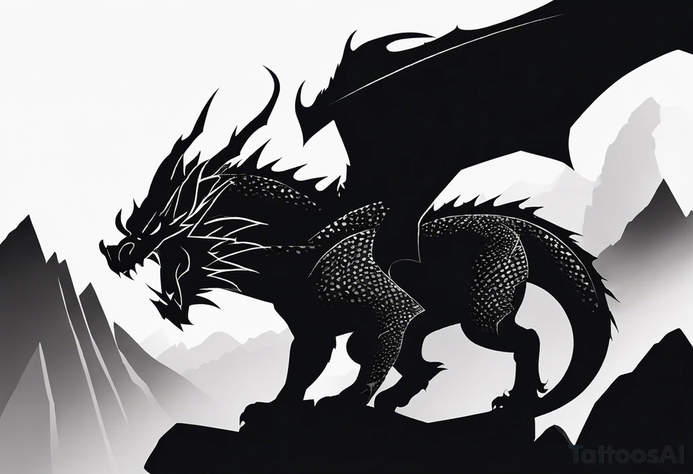 A black-and-white silhouette of a legendary, fearsome dragon with sharp, angular scales and a wide open mouth, breathing intense fire. The dragon is perched on a rocky outcrop, its form outlined in bold black, with the fire coming from its mouth represented by jagged, sharp lines, creating a dynamic contrast against the white background. The rocky outcrop is depicted with angular, abstract shapes, all in solid black. The sky is dark and cloudy, with swirling shapes and clouds outlined in bold black against the white backdrop, adding a sense of foreboding and power. The entire image focuses on strong contrasts, with no shading or gradients, capturing the fearsome energy of the dragon. tattoo idea