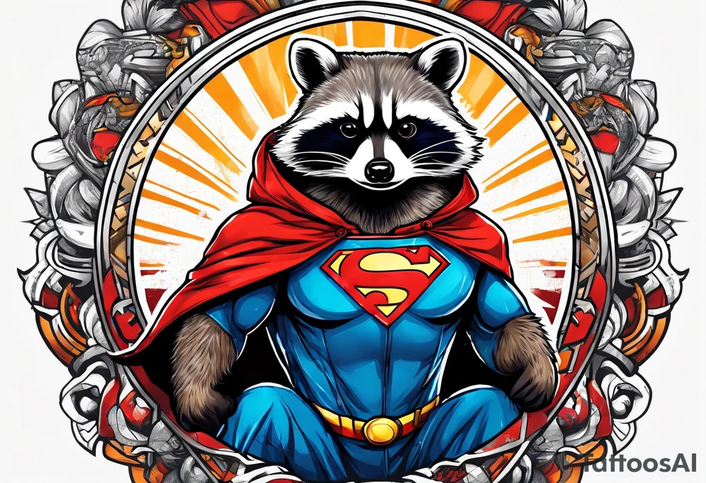 raccoon wearing a Superman hoodie tattoo idea