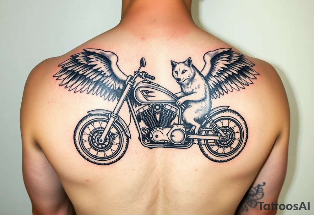 a motorcycle on it with guardian angel wolves on the bike tattoo idea