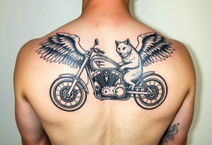 a motorcycle on it with guardian angel wolves on the bike tattoo idea