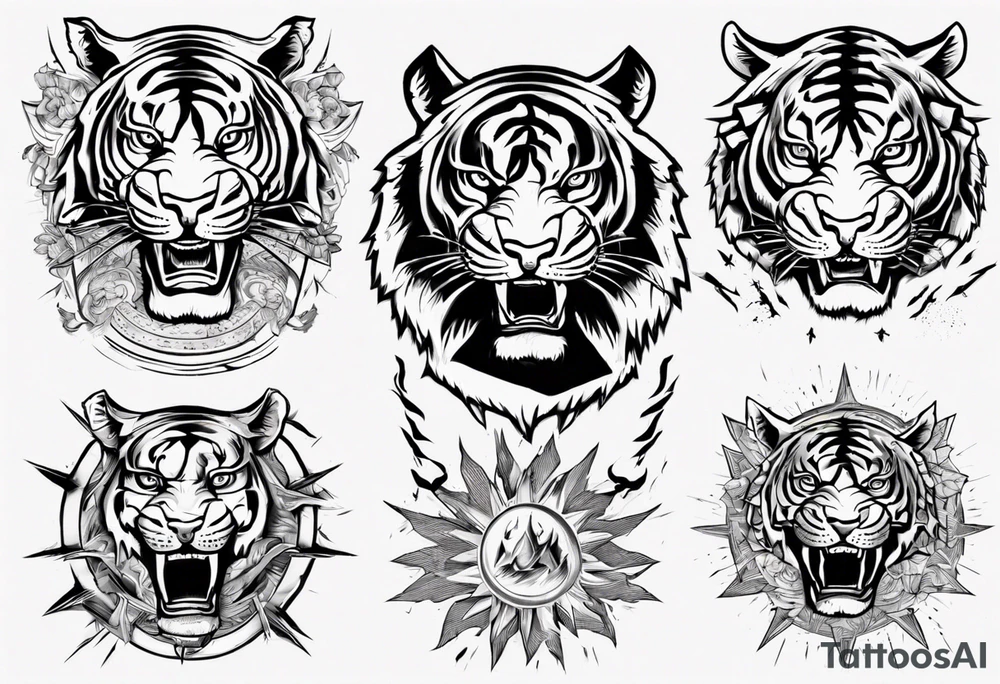 Ancient tiger with lightning and a sun for a forearm sleeve. With patterns surrounding it tattoo idea