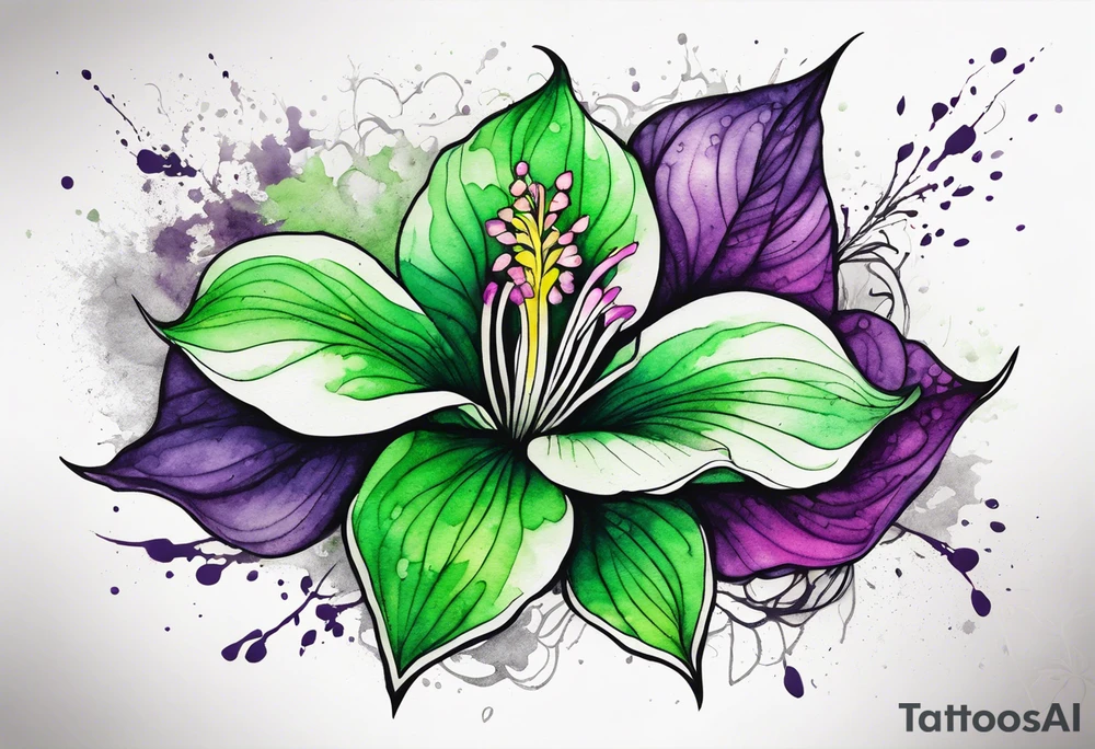 A mystical outline of a green and purple rio dipladenia flower and a green and purple watercolor splash in the background tattoo idea