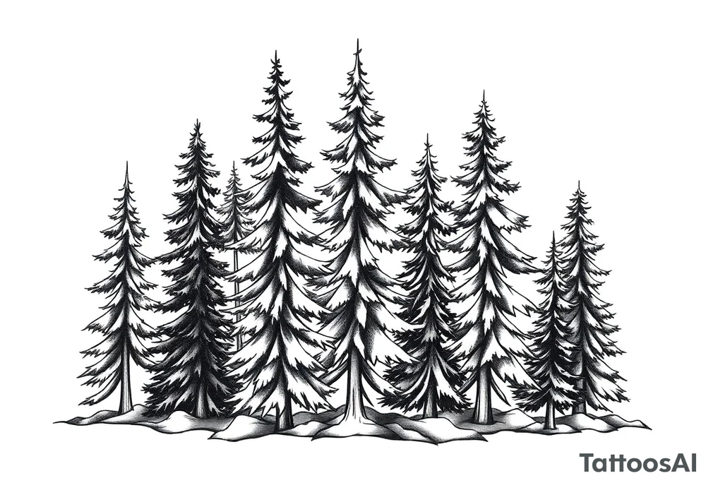 Coniferous forest trees in black and gray tattoo sleeve tattoo idea