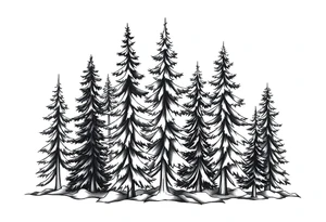 Coniferous forest trees in black and gray tattoo sleeve tattoo idea