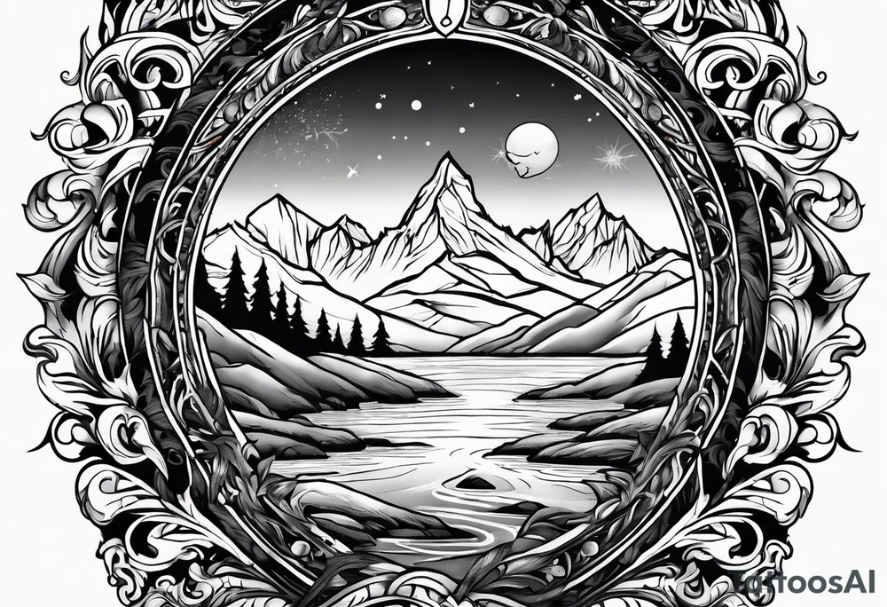 Flames to ash to frozen landscape tattoo idea