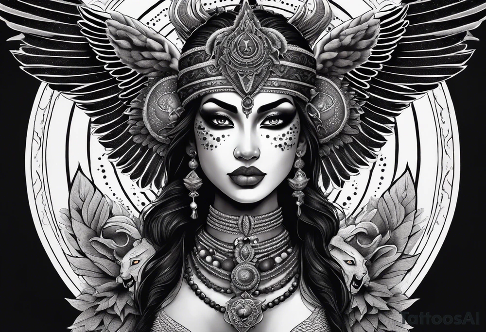 black kali, goddess pirate, alien, angel, pachamama, valkrye, warrior, flying, skull, lotus azul, wing, eagle, zenza resonance, stars, 5D, anahata chakra, death, durga, riding on a tiger, flying lady, kundalini, chest tatoo, samuri, rebel, serpent tattoo idea