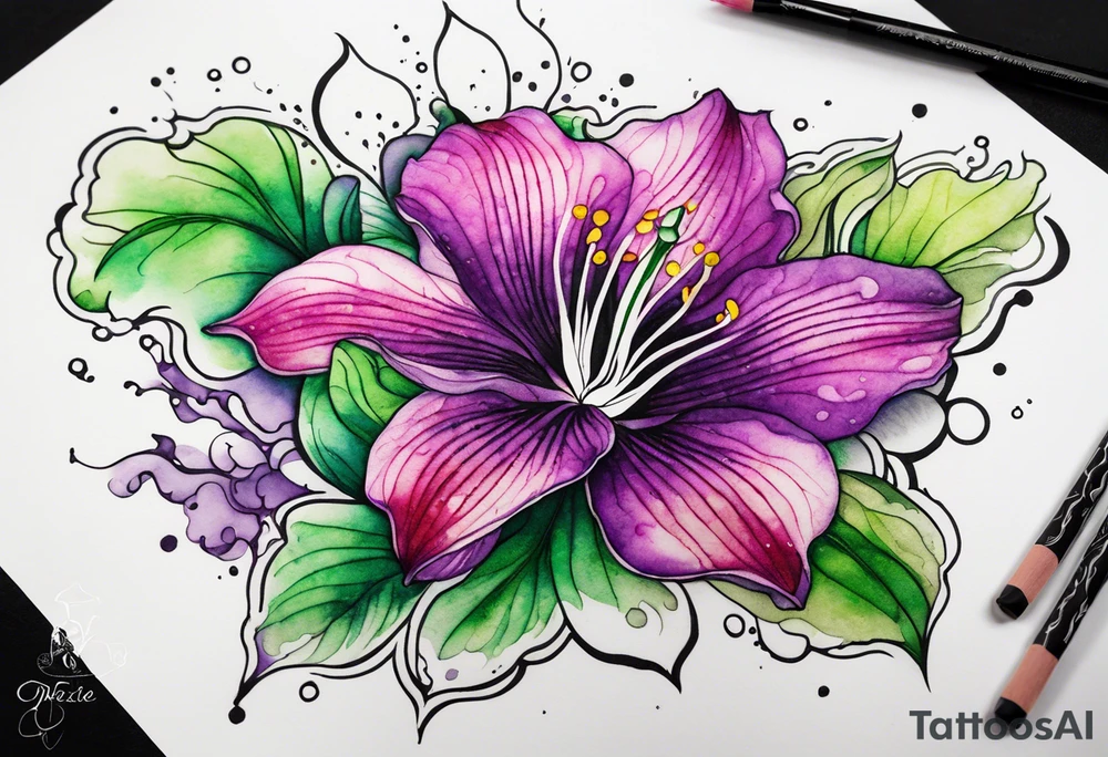 A mystical outline of a rio dipladenia flower and a green and purple watercolor splash in the background tattoo idea