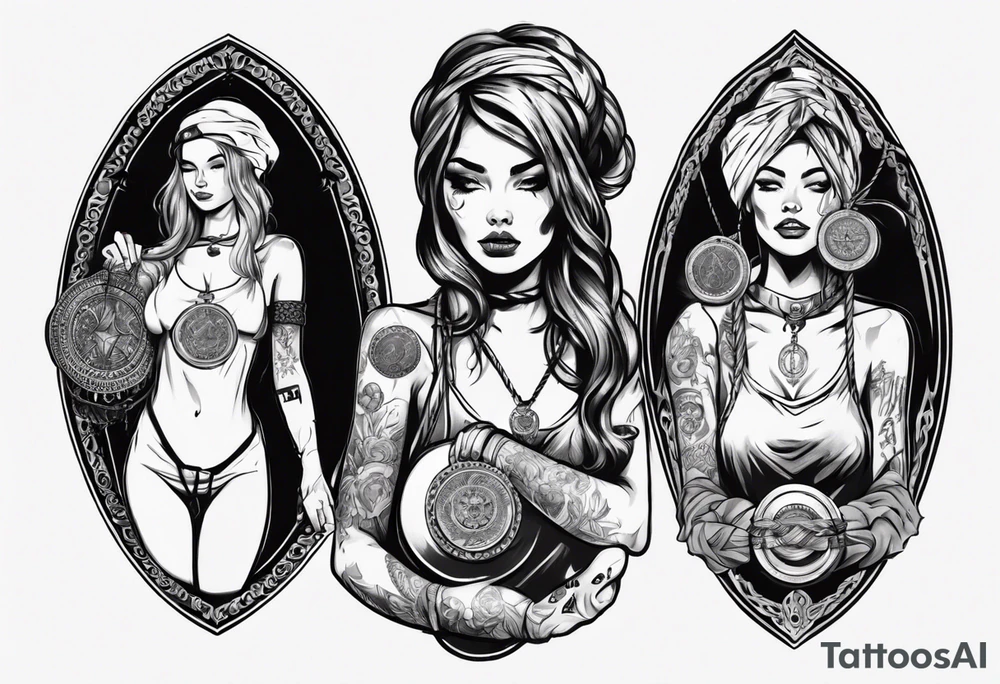 woman arm holding medallion with rope tattoo idea