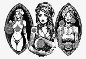 woman arm holding medallion with rope tattoo idea