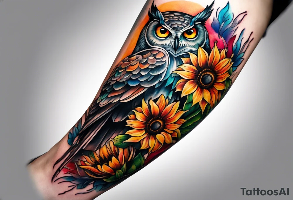 Leg sleeve with colorful sunflowers and an owl tattoo idea
