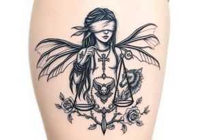 Black Sylph with dreads wearing blind fold and ankh cross pendant with tattoos holding weighing scales with the rose vines surrounding and grey wolf tattoo idea