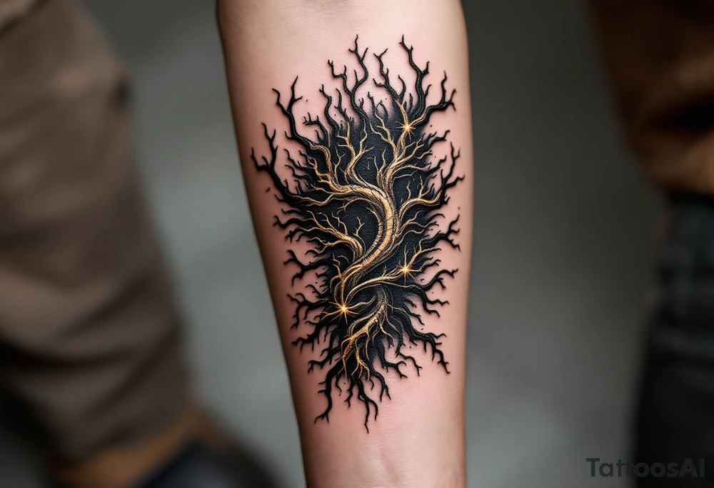 A fusion design of organic tendons and metallic elements in jet black and bronze, blending with skin through shadowed transitions. tattoo idea