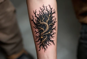 A fusion design of organic tendons and metallic elements in jet black and bronze, blending with skin through shadowed transitions. tattoo idea