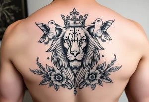 powerful majestic lion with a crown, surrounded by floral ornaments and birds tattoo idea