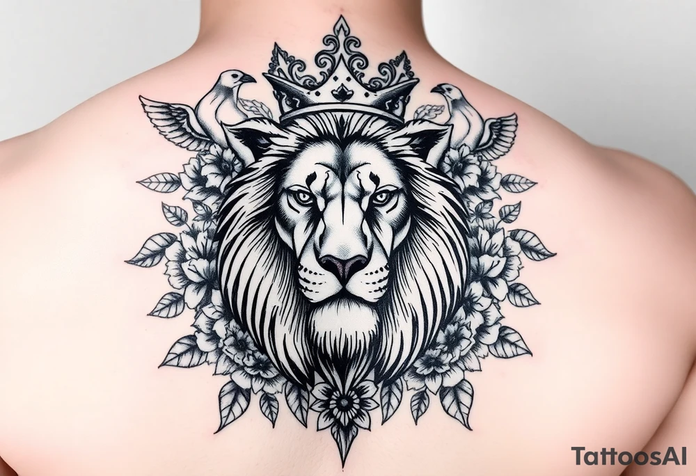 powerful majestic lion with a crown, surrounded by floral ornaments and birds tattoo idea