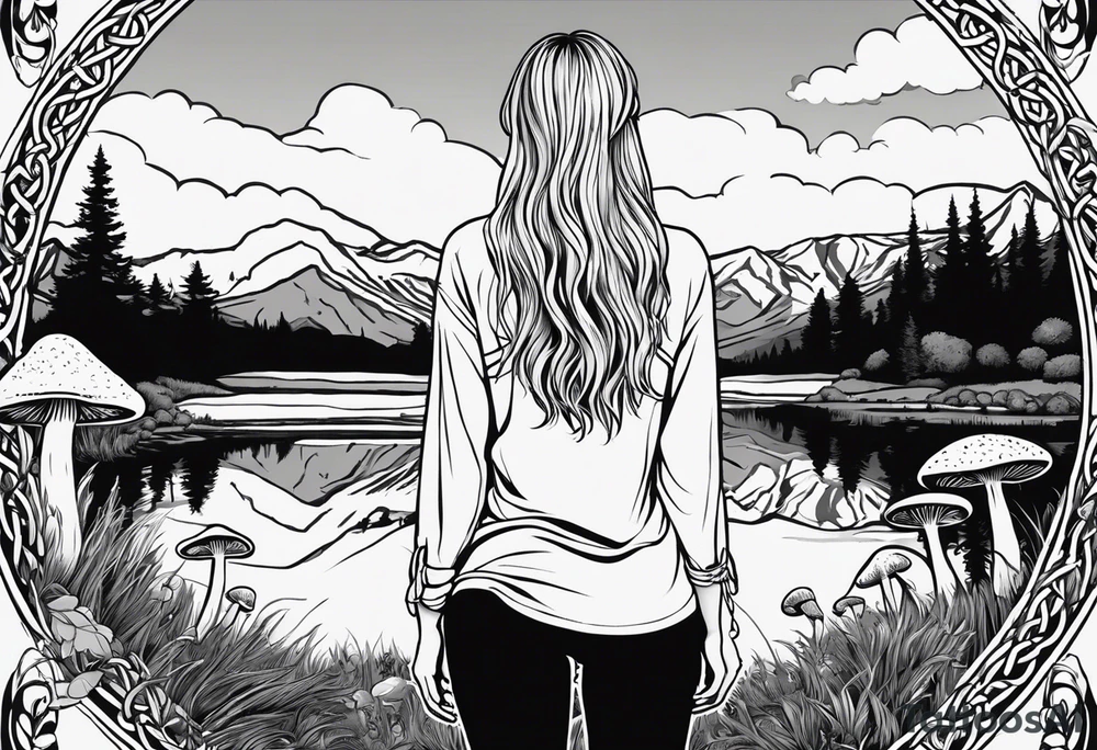 Whole picture encircled fully

Straight long blonde hair hippie girl in distance holding mushrooms in hand facing away toward mountains and creek surrounded by mushrooms long sleeve shirt and hiking pants; whole rendering within a full celtic circle, no cut off circle tattoo idea