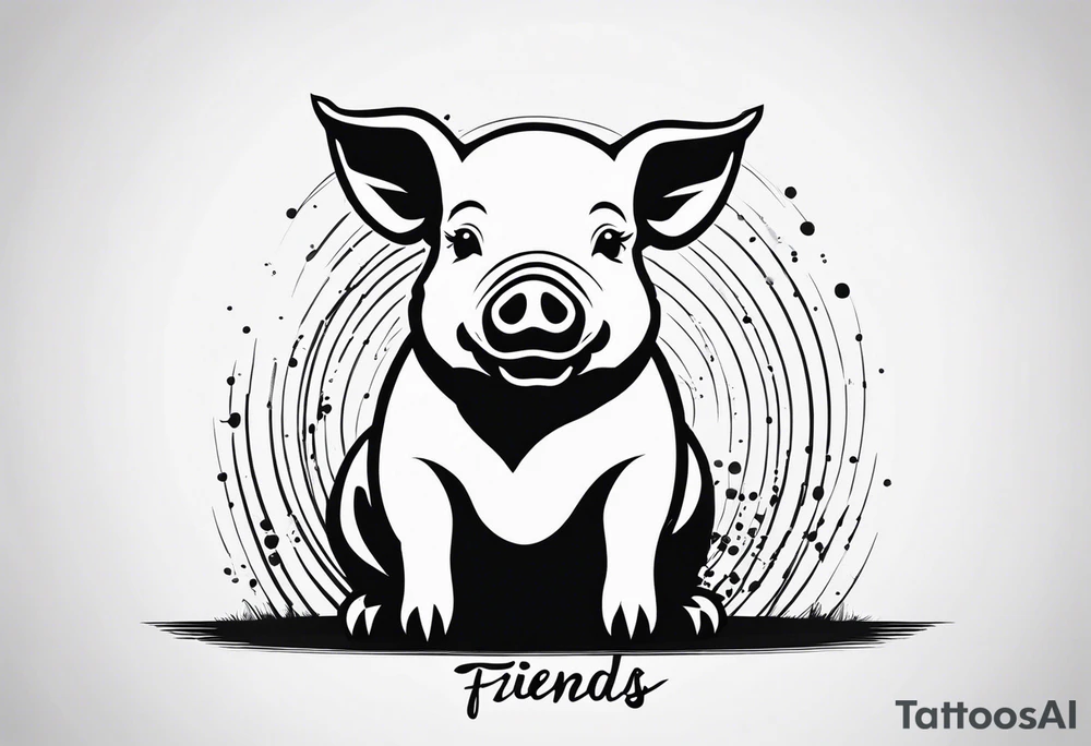 minimalist tattoo of a cute pig or piglet that contains text: "friends. not food" 

only very thin lines. no shading. black and white only tattoo idea