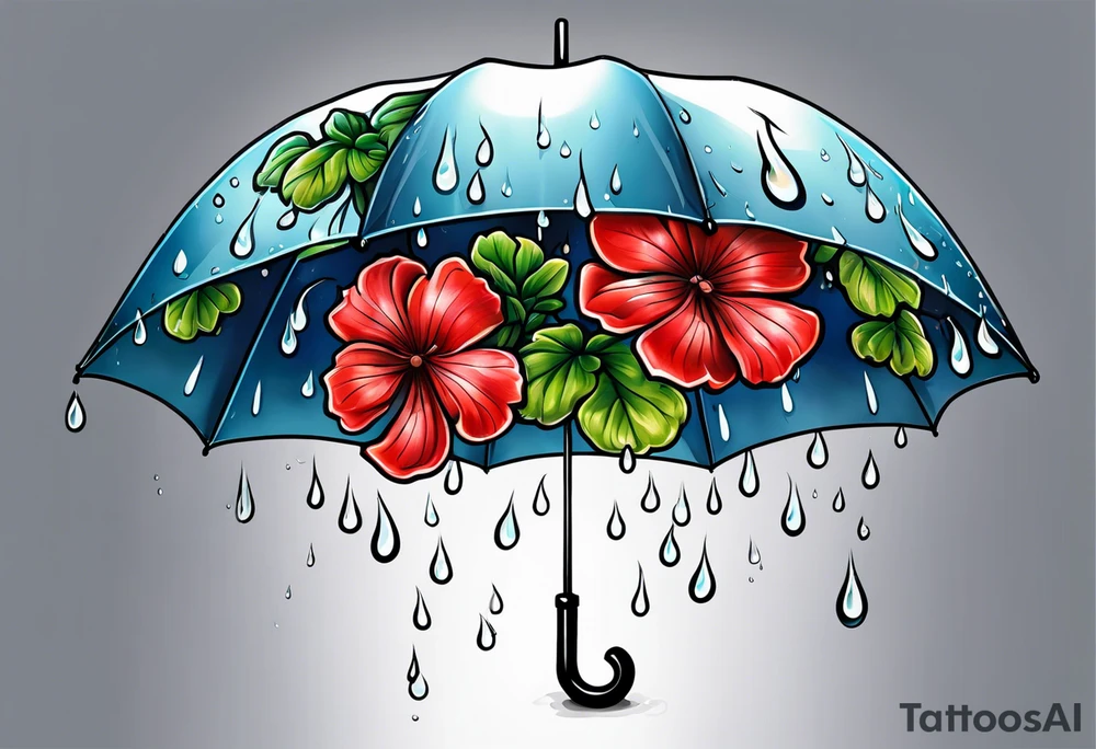 Upside down umbrella filled with geraniums rain droplets tattoo idea