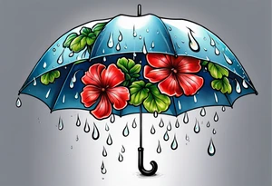 Upside down umbrella filled with geraniums rain droplets tattoo idea