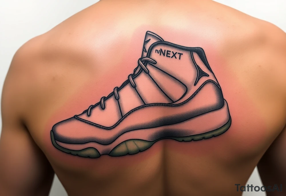 Create a shoe that is like a Jordan 11 but have very similar features and have it say “next of kin”on the sides of the shoe tattoo idea