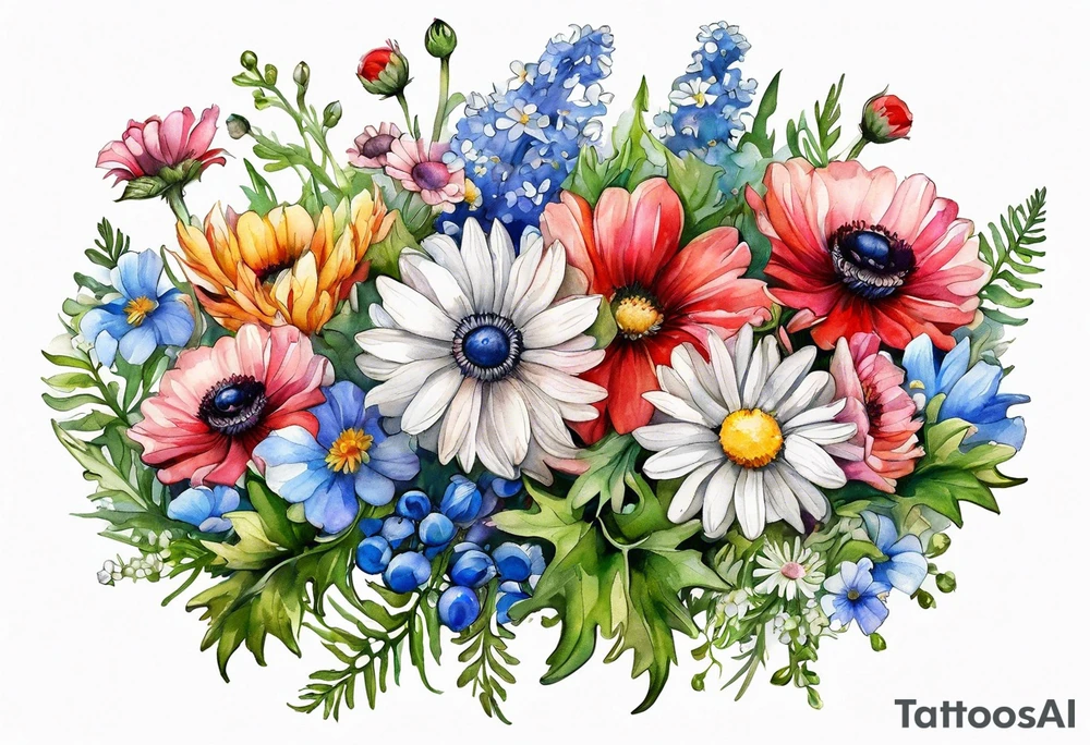 an oval of wildflowers cascading with thistles, ferns, white anemones, sun flowers, red flowers, blue flowers, buttercups, pink flowers, babys breath and daisies all in watercolor tattoo idea