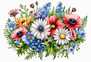 an oval of wildflowers cascading with thistles, ferns, white anemones, sun flowers, red flowers, blue flowers, buttercups, pink flowers, babys breath and daisies all in watercolor tattoo idea