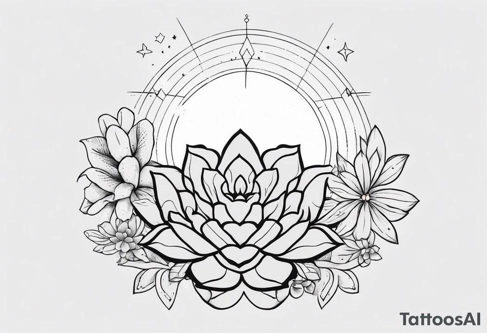fine line with sun, stars, floral, dots, three succulents
. Sternum tattoo grey scale shading tattoo idea