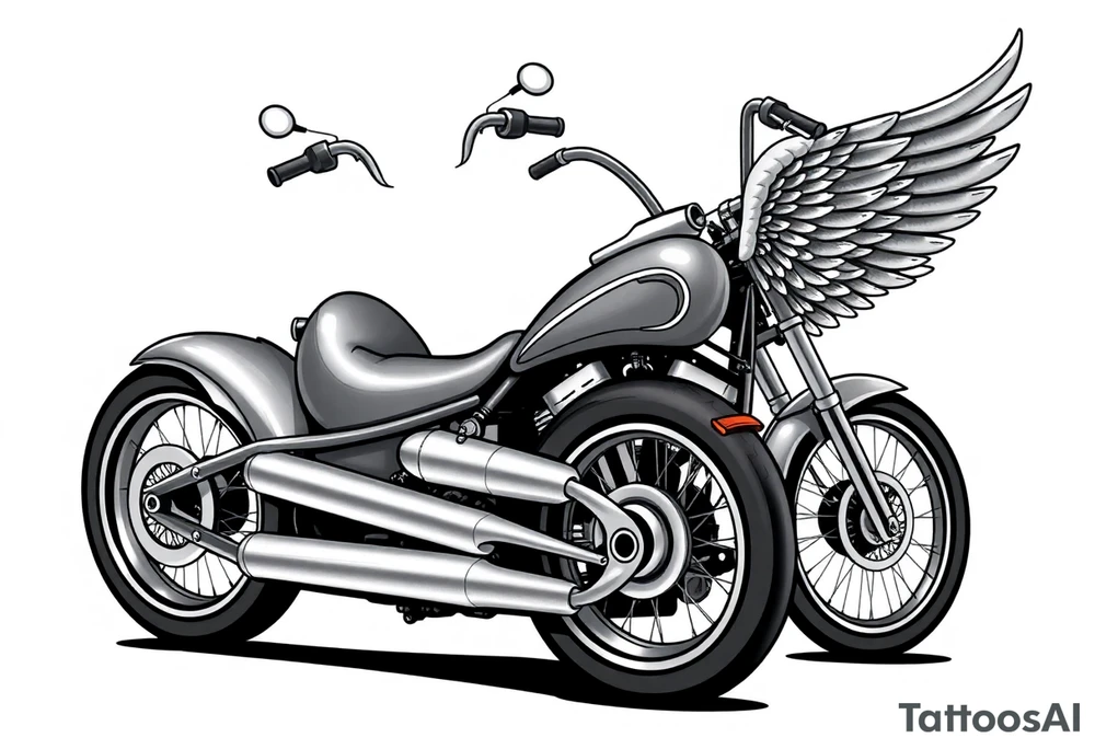 Low rider grey motorcycle, big muffler pipes with flames, angel wings, driving away, no person tattoo idea