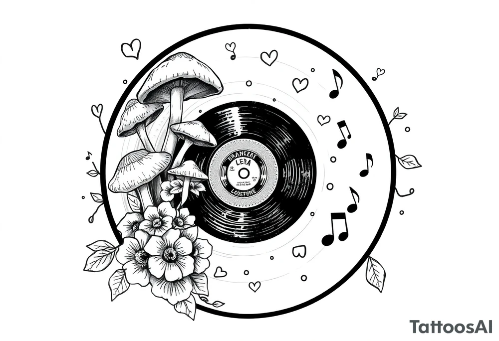 vinyl record with mushrooms, flowers, hearts, and music notes tattoo idea