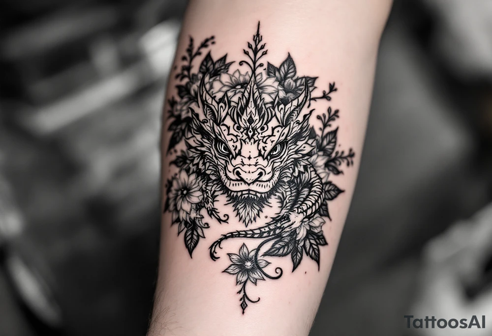 powerful majestic reptile, surrounded by floral ornaments tattoo idea