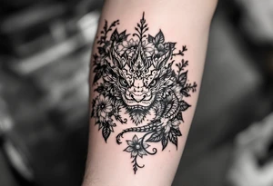 powerful majestic reptile, surrounded by floral ornaments tattoo idea